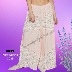 POL Wide Leg Patchwork Pants in Blush Pink and Cream Floral